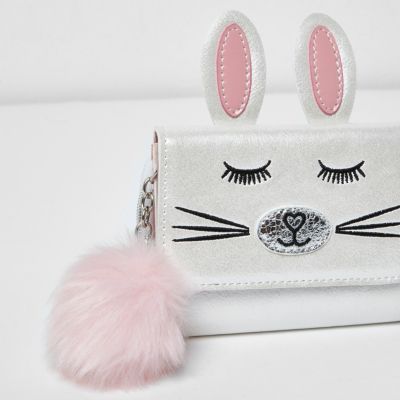 Girls white foldover bunny pom pom purse